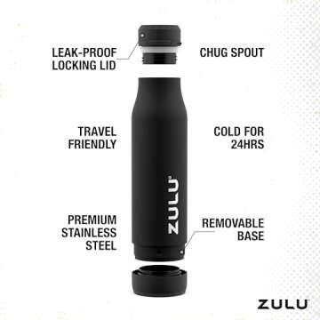 Zulu Ace 24oz Vacuum Insulated Stainless Steel Water Bottle with Chug Spout | Leak-Proof Locking Lid and Removable Base |Reusable Bottle for Cycling Sports Gym Travel Bicycle Bottle Cage | Black