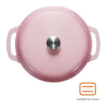 Amazon Basics Cast Iron Dutch Oven Pot with Lid, Enameled, Round, Dual Handles, Heavy-Duty, Medium, 6-Quart, Light Pink