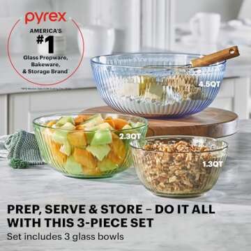 Pyrex Year Of Color Sculpted (3-Pack| 1.3 QT, 2.3 QT, 4.5 QT) Tinted Glass Mixing Bowls Set With Lids For Prepping, Baking and Cooking, Preheated Oven, Dishwasher, Freezer, and Microwave Safe