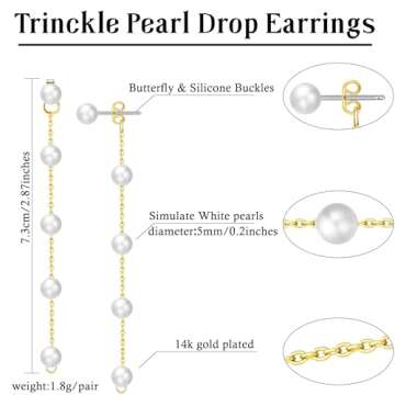 Dainty 14k Gold Pearl Drop Earrings for Women