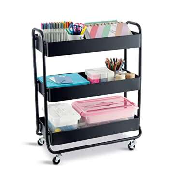 Hudson Black 3-Tier Metal Rolling Cart by Simply Tidy - Multi-Functional Storage Cart for Home, Office, and Kitchen - 1 Pack