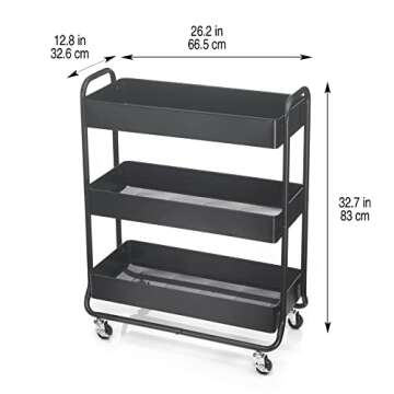 Hudson Black 3-Tier Metal Rolling Cart by Simply Tidy - Multi-Functional Storage Cart for Home, Office, and Kitchen - 1 Pack