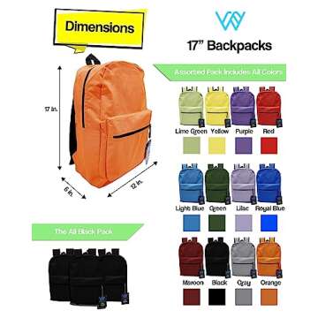 48 Pack Backpack, Bulk 17 inch Outdoor Travel Zippered Bags Bulk Pack for Corporate Events (Assorted Colors)