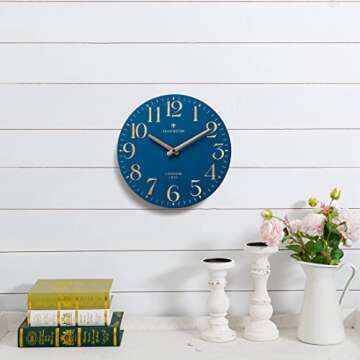 NIKKY HOME Navy Blue Wooden Wall Clock 12 Inch - Battery Operated Silent Non Ticking Clock Decor for Kitchen, Living Room, Bathroom, Office