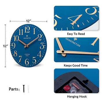 NIKKY HOME Navy Blue Wooden Wall Clock 12 Inch - Battery Operated Silent Non Ticking Clock Decor for Kitchen, Living Room, Bathroom, Office