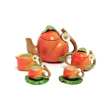 Unique Design Porcelain Miniature Peach Fruit Tea Set Tiny Home Fairy Garden Figurine Mini Dollhouse Kitchen Decor Accessory Kit Small Air Plant Succulent Tillandsia Cactus Pot Planter Supply (Peach)