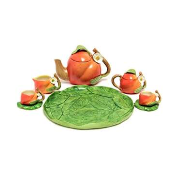 Unique Design Porcelain Miniature Peach Fruit Tea Set Tiny Home Fairy Garden Figurine Mini Dollhouse Kitchen Decor Accessory Kit Small Air Plant Succulent Tillandsia Cactus Pot Planter Supply (Peach)