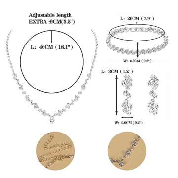 Tatibana Crystal Wedding Jewelry Set, Silver Necklace Earrings Bracelet Crystal Bridal Wedding Jewelry Sets for Brides Bridesmaid Prom Costume Accessories