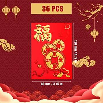 36pcs Chinese Red Envelopes, 3.1x4.7inch Chinese Lunar New Year Red Envelopes Lucky Money Pockets Hong Bao Lai See Envelopes with Classical Chinese Patterns and Blessing Words (12 Styles)