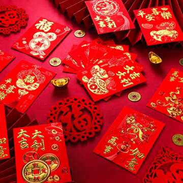 36pcs Chinese Red Envelopes, 3.1x4.7inch Chinese Lunar New Year Red Envelopes Lucky Money Pockets Hong Bao Lai See Envelopes with Classical Chinese Patterns and Blessing Words (12 Styles)