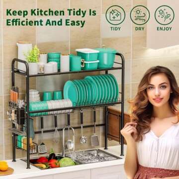 MOUKABAL Stainless Steel Over The Sink Dish Drainer Drying Rack: 2-Tier | Space Saving- Multifunctional & Storage Counter Kitchen Organizer for≤31.5" Sink(Black)