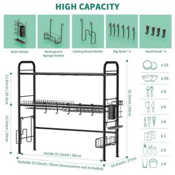 MOUKABAL Stainless Steel Over The Sink Dish Drainer Drying Rack: 2-Tier | Space Saving- Multifunctional & Storage Counter Kitchen Organizer for≤31.5" Sink(Black)