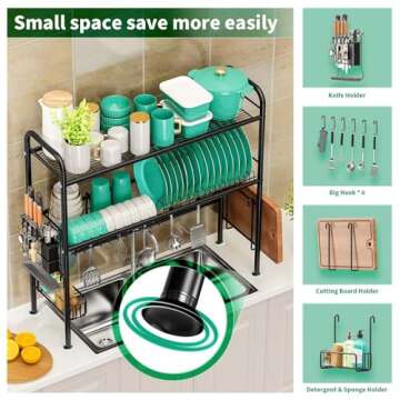 MOUKABAL Stainless Steel Over The Sink Dish Drainer Drying Rack: 2-Tier | Space Saving- Multifunctional & Storage Counter Kitchen Organizer for≤31.5" Sink(Black)