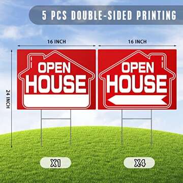 Open House Signs (5 Pack), 16" x 12" Double-Sided Yard Signs with Metal H Stakes，Open House Real Estate Signs, Property Sale Directional Arrows Signs,WEATHER-PROOF ((5 Pack))