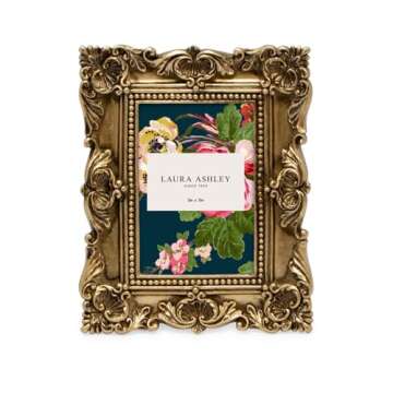 Laura Ashley 2x3 Gold Ornate Textured Hand-Crafted Resin Picture Frame with Easel, for Tabletop & Wall Display, Decorative Floral Design Home Décor, Photo Gallery, Art & More (2x3, Gold)