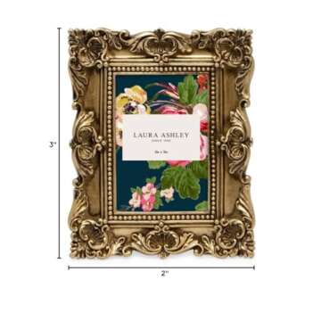 Laura Ashley 2x3 Gold Ornate Textured Hand-Crafted Resin Picture Frame with Easel, for Tabletop & Wall Display, Decorative Floral Design Home Décor, Photo Gallery, Art & More (2x3, Gold)