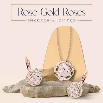 Crystalline Azuria Women 18K Rose Gold Plated White Crystal Roses Flowers Necklace and Earrings Set for Women Wedding Party Bridal Bridesmaid Accessories