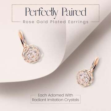 Crystalline Azuria Women 18K Rose Gold Plated White Crystal Roses Flowers Necklace and Earrings Set for Women Wedding Party Bridal Bridesmaid Accessories