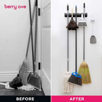 Berry Ave Broom Holder & Wall Mount Garden Tool Organizer - Home Laundry Room, Kitchen, Closet, Shed, Garage Organization and Storage Utility Rack - 5 Slots & 6 Hooks -Rake, Shovel, Mop Hanger (Black)