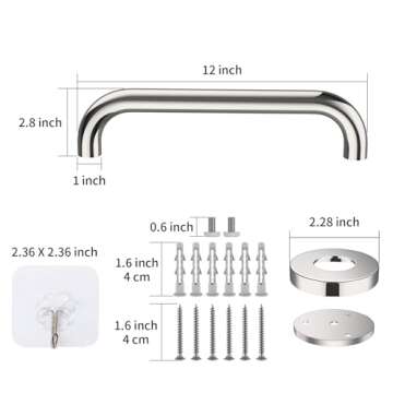 12 Inch Stainless Steel Shower Grab Bar - ZUEXT Shower Handle, Bathroom Balance Bar - Safety Hand Rail Support - Handicap, Elderly, Injury, Senior Assist Bath Handle (w/Self-Adhesive Stick-on Hook)