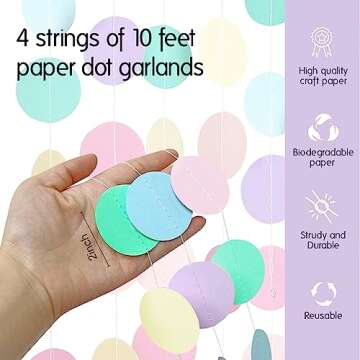 Chloe Elizabeth Circle Dots Paper Party Garland Streamer Backdrop (4-Pack, 10 Feet Per Garland, 40 Feet Total) - Rainbow Pastel