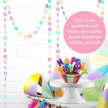 Chloe Elizabeth Circle Dots Paper Party Garland Streamer Backdrop (4-Pack, 10 Feet Per Garland, 40 Feet Total) - Rainbow Pastel