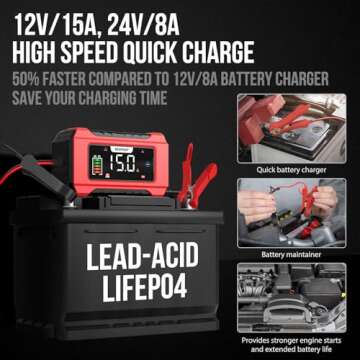 NEXPEAK NC215 15-Amp Battery Charger, 12V 24V LiFePO4 Lead Acid Portable Car Battery Charger 9-Stage Trickle Charger Smart Battery Maintainer w/Temp Compensation for Car Truck Lawn Mower Boat Marine