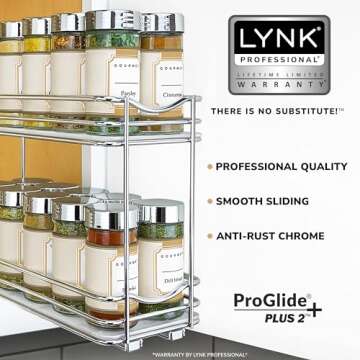 LYNK PROFESSIONAL® Pull Out Spice Rack Organizer for Inside Kitchen Cabinets - 4-1/4 inch Wide - Slide Out Drawer – Chrome Sliding Spice Cabinet Organization Shelf Racks - 2 Tier