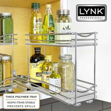 LYNK PROFESSIONAL® Pull Out Spice Rack Organizer for Inside Kitchen Cabinets - 4-1/4 inch Wide - Slide Out Drawer – Chrome Sliding Spice Cabinet Organization Shelf Racks - 2 Tier