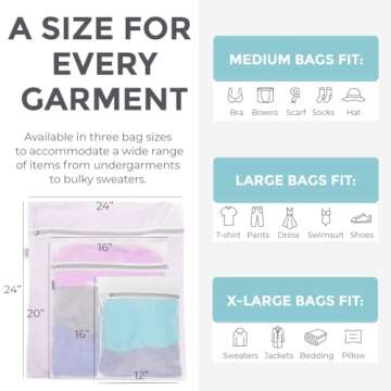 HOME GENIE Durable and Gentle Mesh Laundry Bags for Washing Delicates, Oversized Silicone Zipper, Machine Safe for Bras Lingerie Baby Garments, Net Bag for Tangle Free Wash Dry, Travel, 3 Pk Medium