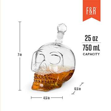 Foster & Rye Skull Liquor Decanter with Stopper for Whiskey, Bourbon, Scotch, Old Fashioned, Home Bar Accessories, Barware, Glassware, 25 oz, Set of 1