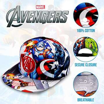 Marvel Avengers, Captain America, Hulk, Ironman Flat Brim Baseball Cap Hat, Boys Ages 5-15 Blue