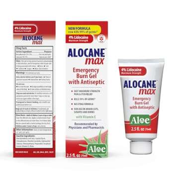 Alocane Emergency Burn Gel, 4% Lidocaine Maximum Strength Fast Pain and Itch Relief for Minor Burns, Sunburn, Kitchen, Radiation, Chemical, First Degree Burns, First Aid Treatment Burn Care 2.5 Fl Oz