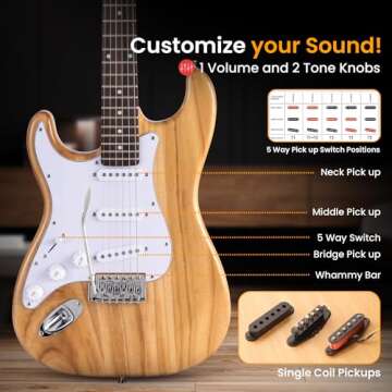 Pyle Full Size Left Handed Electric Guitar Kit with 5W Amplifier, Gig Bag, Picks, Spare Strings, and Strap, ST-Style Beginner Guitar Bundle with 22 Frets, Paulownia Wood Body, Natural