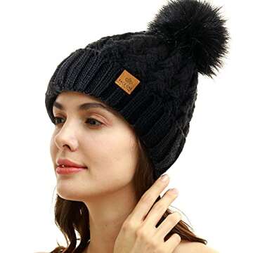 PAGE ONE Women's Winter Ribbed Beanie with Pompom - Soft & Warm Knit Hat in Black