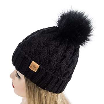 Womens Winter Pompom Beanie - Soft Ribbed Knit Hat