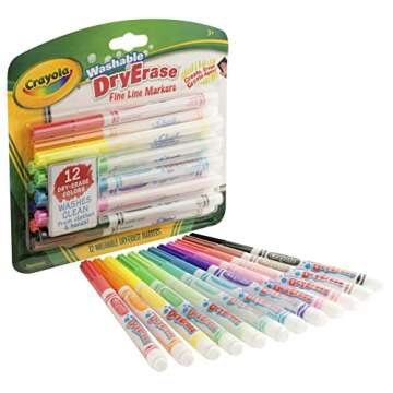 Crayola Washable Dry-Erase Fine Line Markers, 12 Classic Colors NonToxic Art Tools for Kids & Toddlers 3+