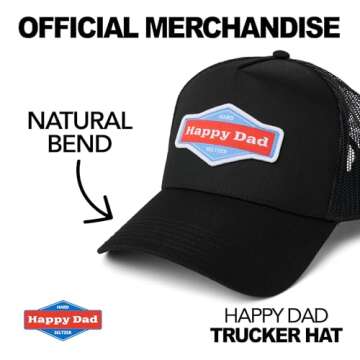 Happy Dad Hats for Men and Women, Available in Trucker Hat, 6 Panel Snapback Hat or Baseball Cap, Holiday & Birthday Gifts Black