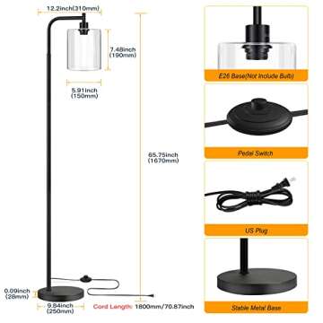 MAXvolador Industrial Floor Lamp, Modern Standing Lamps with Hanging Clear Glass Shade, Classic Reading Tall Pole Light for Living Room Bedroom, Black