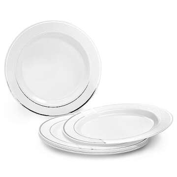 OCCASIONS 50 Plates Pack (25 Guests)-Heavyweight Wedding Party Disposable Plastic Plate Set -25 x 10.5'' Dinner + 25 x 7.5'' Salad/Dessert plates (White & Silver Rim)