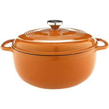 Lodge 6 Quart Enameled Cast Iron Dutch Oven with Lid – Dual Handles – Oven Safe up to 500° F or on Stovetop - Use to Marinate, Cook, Bake, Refrigerate and Serve – Apricot