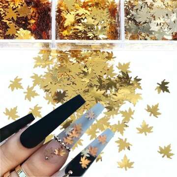 Fall Nail Art Glitters - Maple Leaf Nail Art Supplies Sequins 3D Gold Laser Nails Glitter Flake Holographic Fall Leaves Glitter Nail Sticker for Manicure Autumn Winter Gel Nail Art Decorations 6 Grids