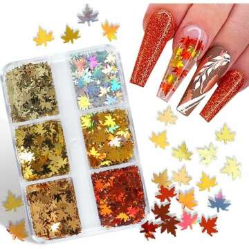 Fall Nail Art Glitters - Maple Leaf Nail Art Supplies Sequins 3D Gold Laser Nails Glitter Flake Holographic Fall Leaves Glitter Nail Sticker for Manicure Autumn Winter Gel Nail Art Decorations 6 Grids