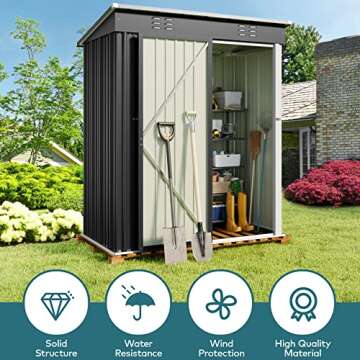 Gizoon 5 'x 3'Outdoor Storage Shed with Singe Lockable Door,Galvanized Metal Shed with Air Vent Suitable for The Garden,Tiny House Storage Sheds Outdoor for Backyard Patio Lawn-Dark Gray