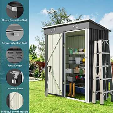 Gizoon 5 'x 3'Outdoor Storage Shed with Singe Lockable Door,Galvanized Metal Shed with Air Vent Suitable for The Garden,Tiny House Storage Sheds Outdoor for Backyard Patio Lawn-Dark Gray