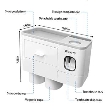 Wekity Multifunctional Wall-Mounted Toothbrush Holder, Automatic Toothpaste Dispenser Space Saving Toothbrush and Toothpaste Holder, with 2 Cups and Drawers Cosmetic Organizer(Grey)