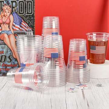 AimFun Patriotic Plastic Cups American Flag Party Cups Red Blue White Star Stripe Disposable Cups 4th of July 12 oz Cold Drinking Cup for Independence Day Memorial Party Supplies (50, Flag)