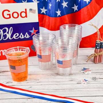 AimFun Patriotic Plastic Cups American Flag Party Cups Red Blue White Star Stripe Disposable Cups 4th of July 12 oz Cold Drinking Cup for Independence Day Memorial Party Supplies (50, Flag)