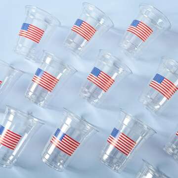 AimFun Patriotic Plastic Cups American Flag Party Cups Red Blue White Star Stripe Disposable Cups 4th of July 12 oz Cold Drinking Cup for Independence Day Memorial Party Supplies (50, Flag)