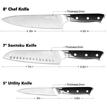 Topfeel Professional Chef Knife Set Sharp Knife, German High Carbon Stainless Steel Kitchen Knife Set 3 PCS-8" Chefs Knife &7" Santoku Knife&5" Utility Knife, Knives Set for Kitchen